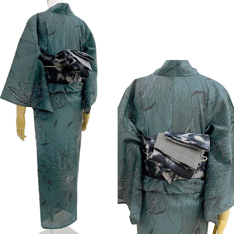 撫松庵 ススキと蜘蛛の巣 濃グリーン グレー 深緑 セオアルファ 昆虫