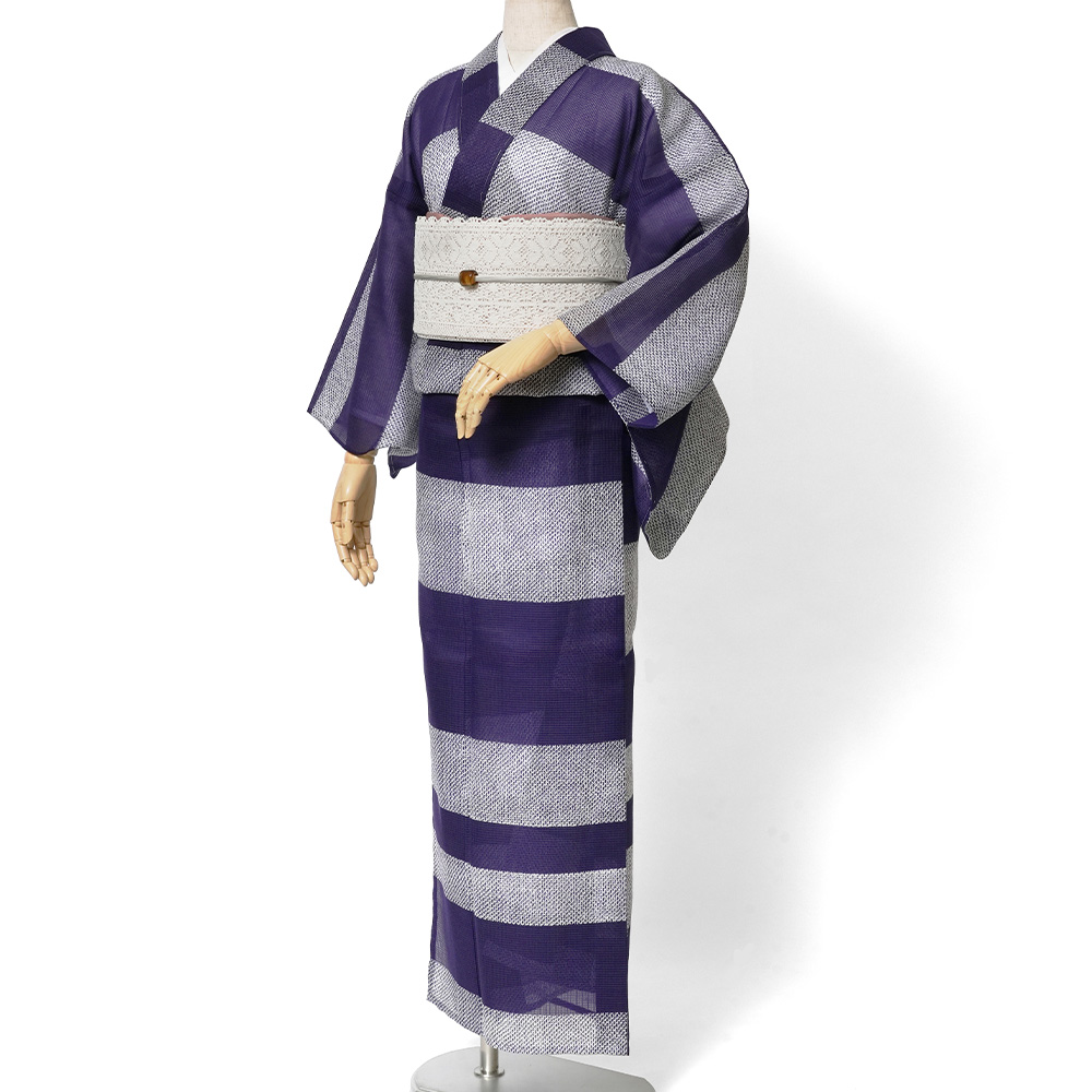 着物 単衣 絹紅梅 長板染め 横縞 絞り風 赤 黒 紫 レディース