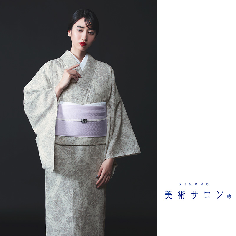 浴衣 美術サロン ちぢみ 知多木綿 綿麻 ダマスク オフ白 ライトグレー