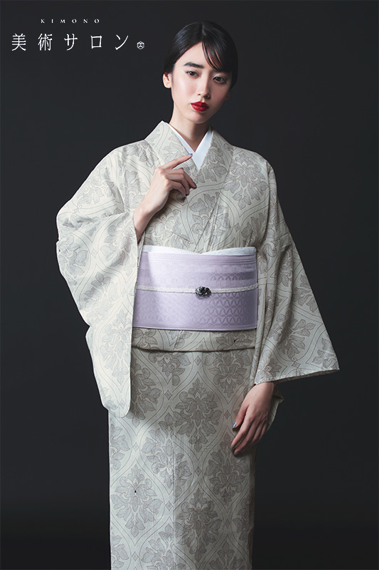 浴衣 美術サロン ちぢみ 知多木綿 綿麻 ダマスク オフ白 ライトグレー