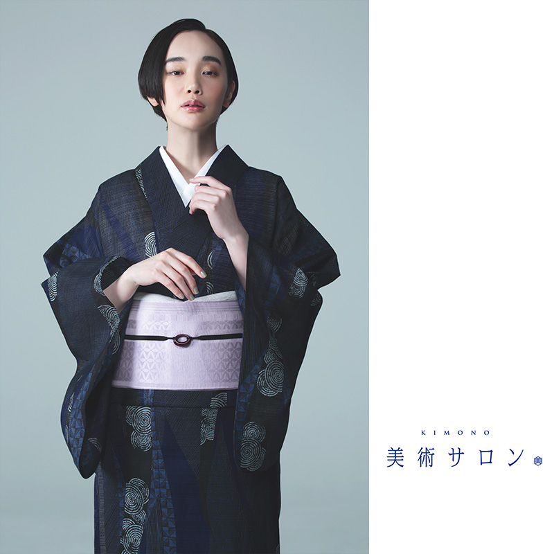 浴衣 美術サロン 綿絽 よろけ縞 渦 紺 細密染め 古典柄 レディース