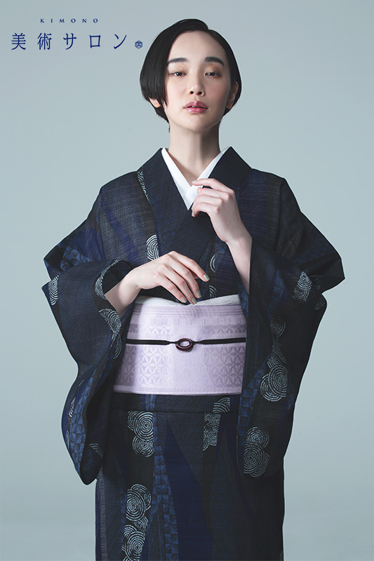 浴衣 美術サロン 綿絽 よろけ縞 渦 紺 細密染め 古典柄 レディース