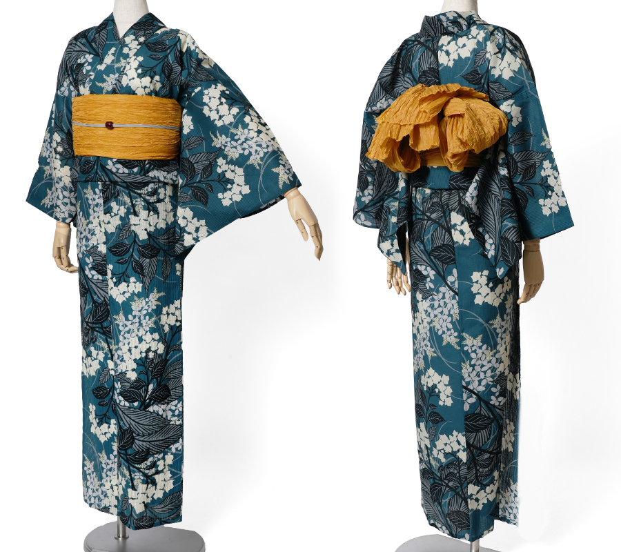 浴衣 芸艸堂 綿絽 紫陽花 ターコイズ 紺 オフ白 花 植物 UNSODO