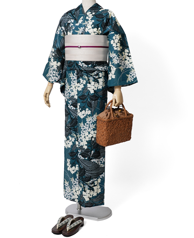 浴衣 芸艸堂 綿絽 紫陽花 ターコイズ 紺 オフ白 花 植物 UNSODO