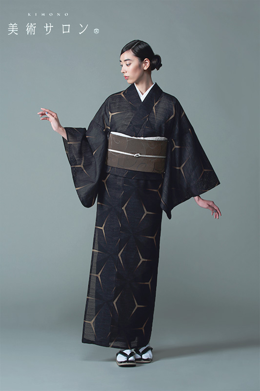 浴衣 美術サロン 綿絽 麻の葉流水 黒 グレー 細密染め 知多木綿 古典柄