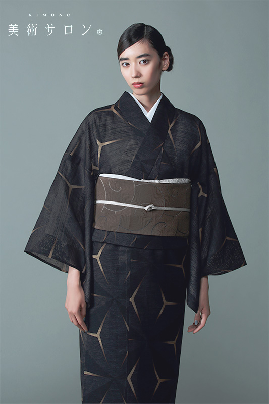 浴衣 美術サロン 綿絽 麻の葉流水 黒 グレー 細密染め 知多木綿 古典柄