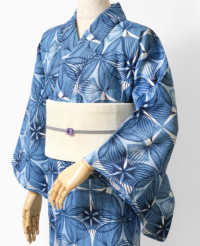 浴衣 美術サロン 藍捺染 変わり七宝 藍 紺 白 知多木綿 綿麻