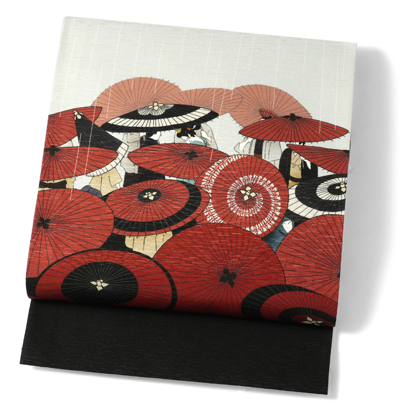 京袋帯 WAKKA 正絹 雨唄 傘 番傘 江戸 雨 グレー 赤 朱色 風流 ロマン