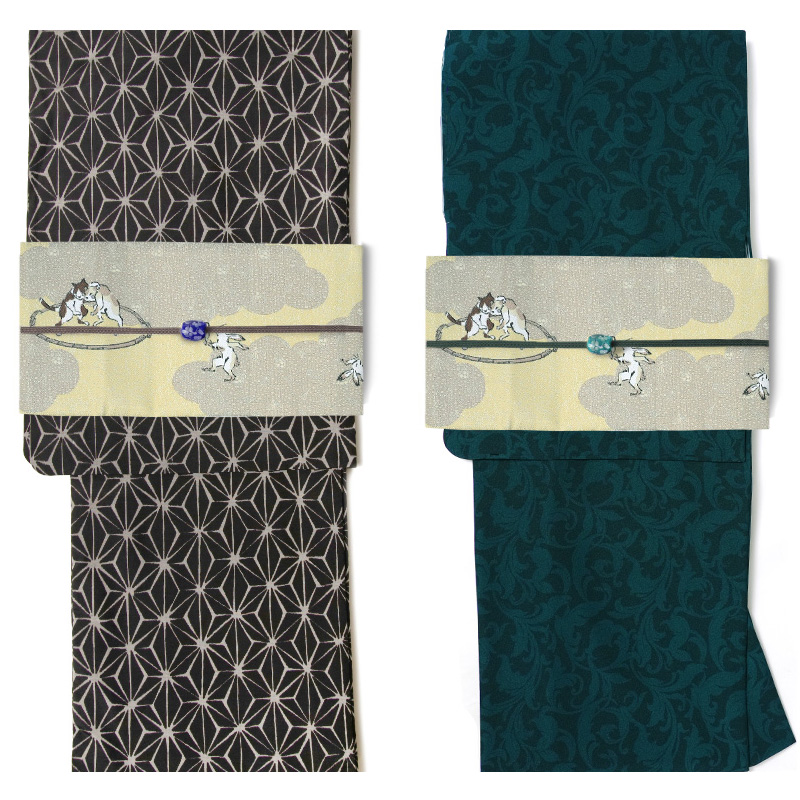 半幅帯 nico by wakka ツナ取り 黄色 鳥獣戯画 パロディ 猿 ウサギ