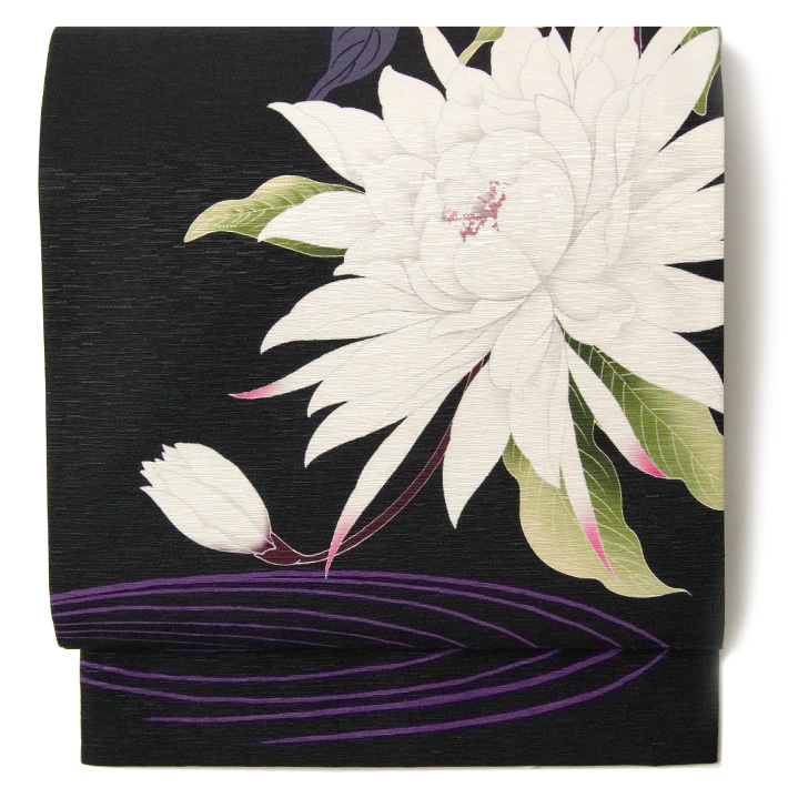 京袋帯 WAKKA 月下美人 黒 白 グレー 花 モダン 正絹 お太鼓 一重太鼓