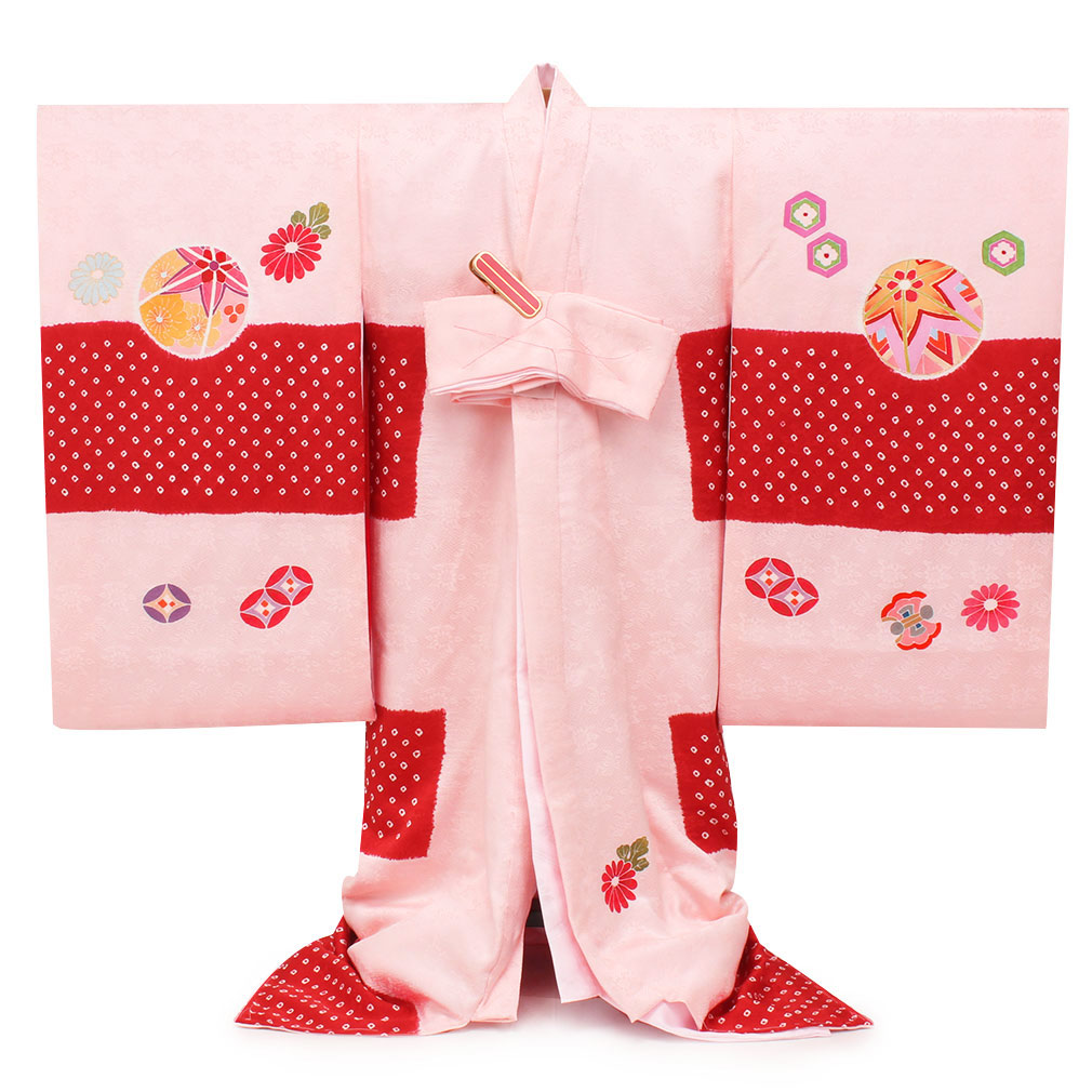 Kisste（キステ） お宮参り 着物 女の子 産着 桃 赤 毬 鞠 まり 菊