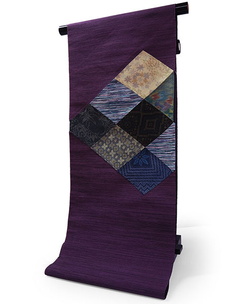 名古屋帯 単品 正絹 仕立て付き 九寸 紫 大島紬裂取り なごや帯 お太鼓