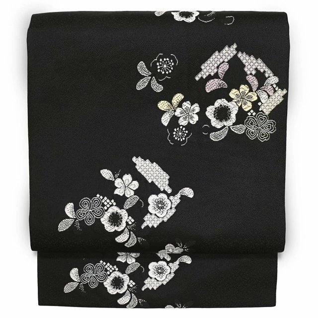 西陣織 正絹 九寸名古屋帯 仕立て上がり 春秋冬用 白色 ベージュ 紫色