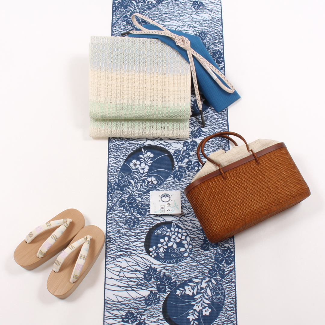 竺仙 浴衣 反物 綿紅梅 型染め 綿 団扇に秋草模様 日本製 夏着物