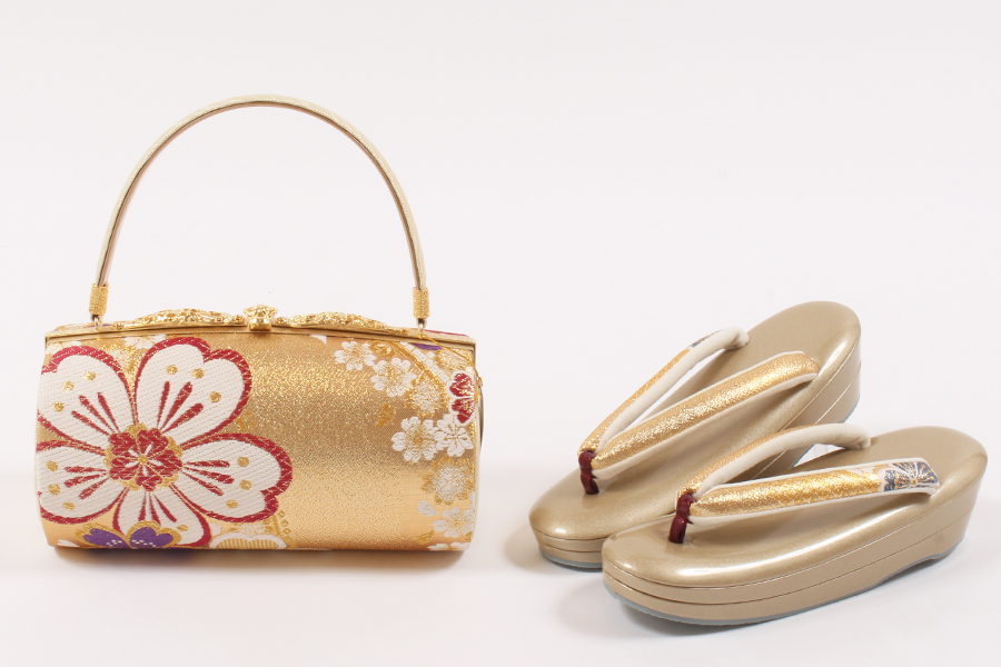 きもの 和 草履バッグセット 西陣織 帯地 和装バッグ × 草履 金 桜