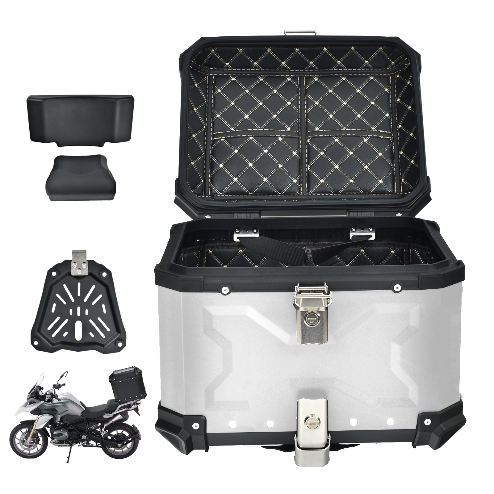 リアボックス バイク用 65L 大容量 防水 防塵 アルミ 取付ベース付 鍵2