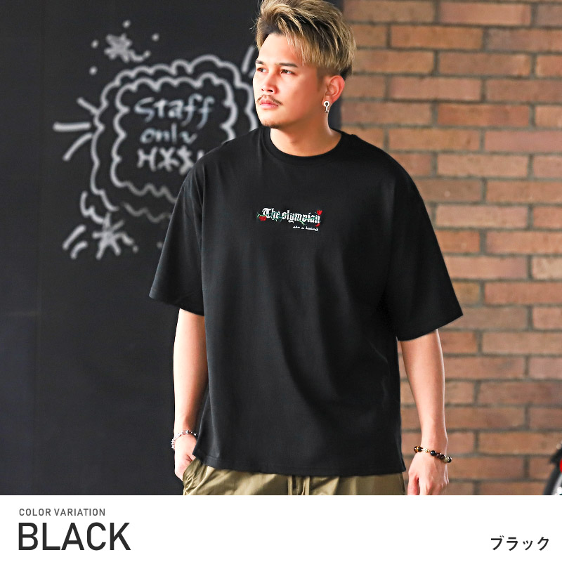 Tシャツ メンズ 半袖 ビッグシルエット バラ 薔薇 刺繍 ロゴ イラスト