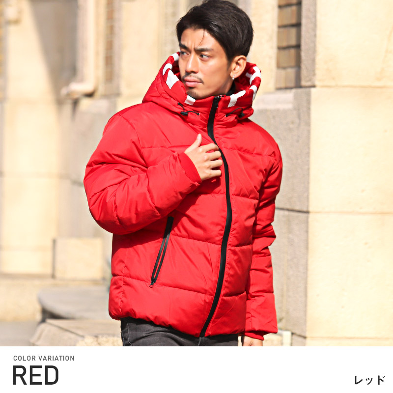 中綿ジャケット メンズ フェイクダウン ブルゾン ロゴプリント フード