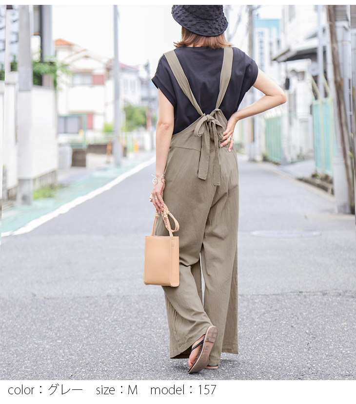 バックリボン サロペット レディース オールインワン ワイドパンツ