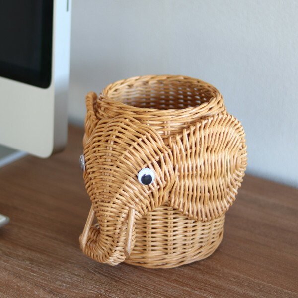 籐 ミニバスケット ゾウ ラタン製 幅19cm （ 動物 アニマル かご