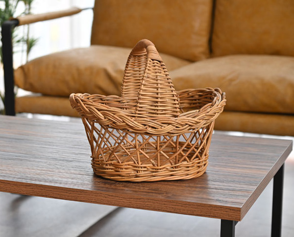 籐 バスケット 持ち手付 楕円型 ラタン製 かご 約幅29cm （ カゴ 籠