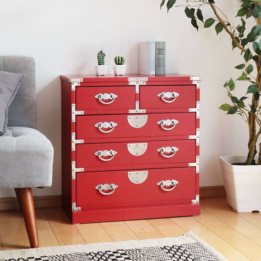 引出箪笥 4段 民芸調 和風チェスト 朱雀 幅58cm （ 箪笥 和風民芸調