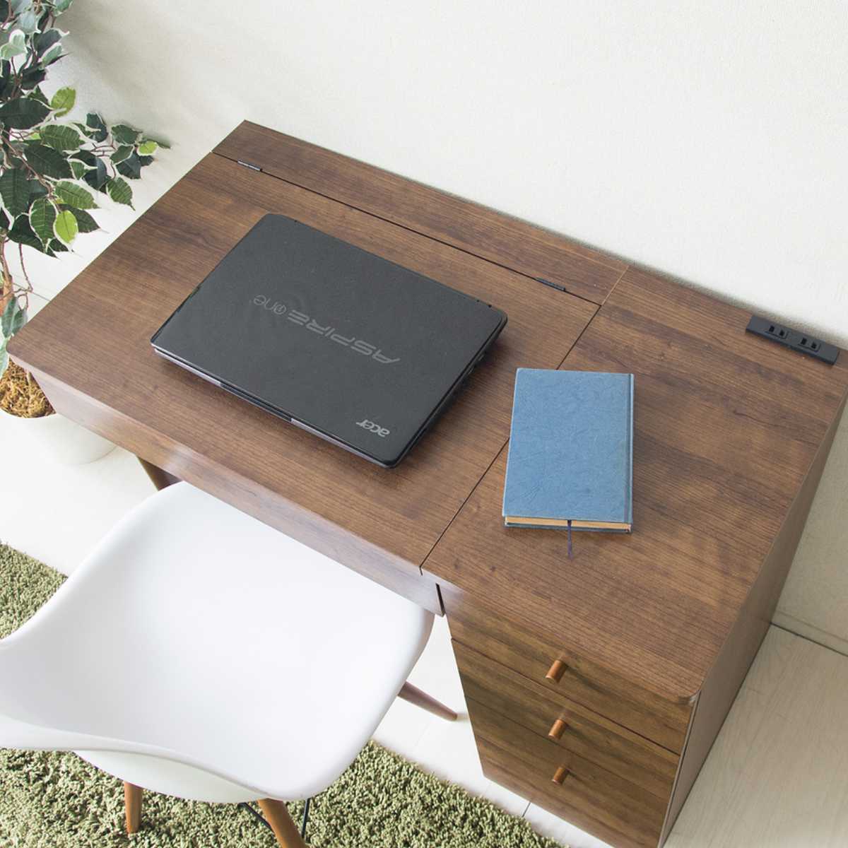 宮武製作所 デスクドレッサー 幅90cm ミラー コスメ収納 引き出し 木目