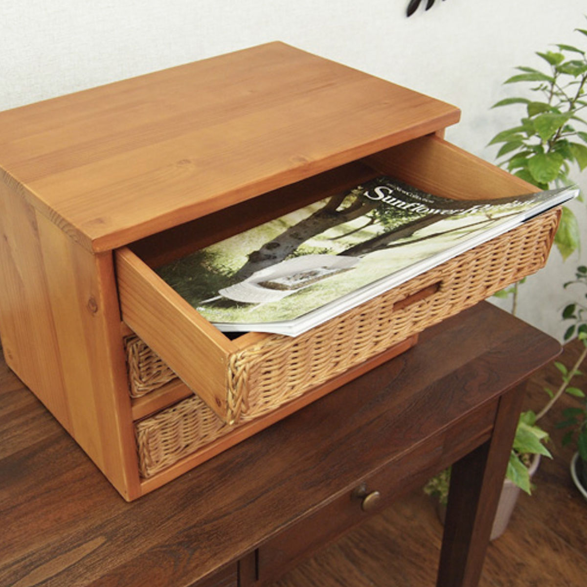 ミニチェスト 3段 A4収納 籐飾り引出し 幅38cm （ 収納ボックス 小物