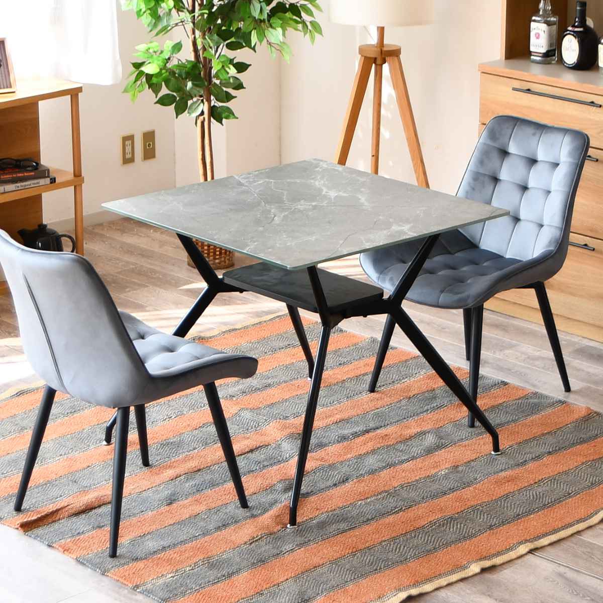 ダイニングテーブル 2人掛け 大理石調 収納スペース付き 幅80cm （ 石