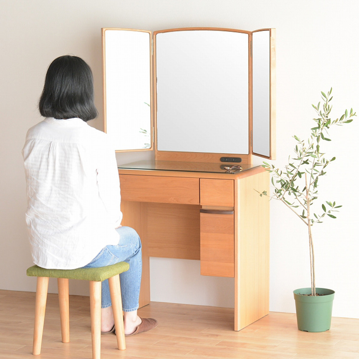 ドレッサー 幅65cm 鏡台 三面鏡 鏡裏収納付 ルシアン （ スツール付き