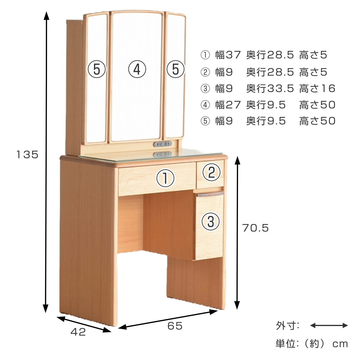 ドレッサー 幅65cm 鏡台 三面鏡 鏡裏収納付 ルシアン （ スツール付き