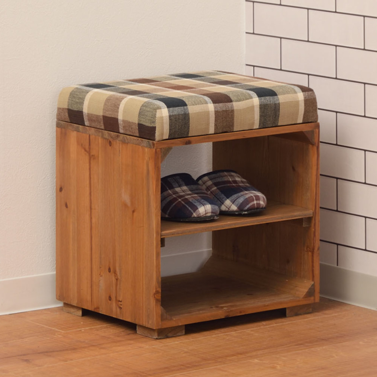 東谷 スツール 木製 収納付 ラックスツール タータンチェック （ 玄関