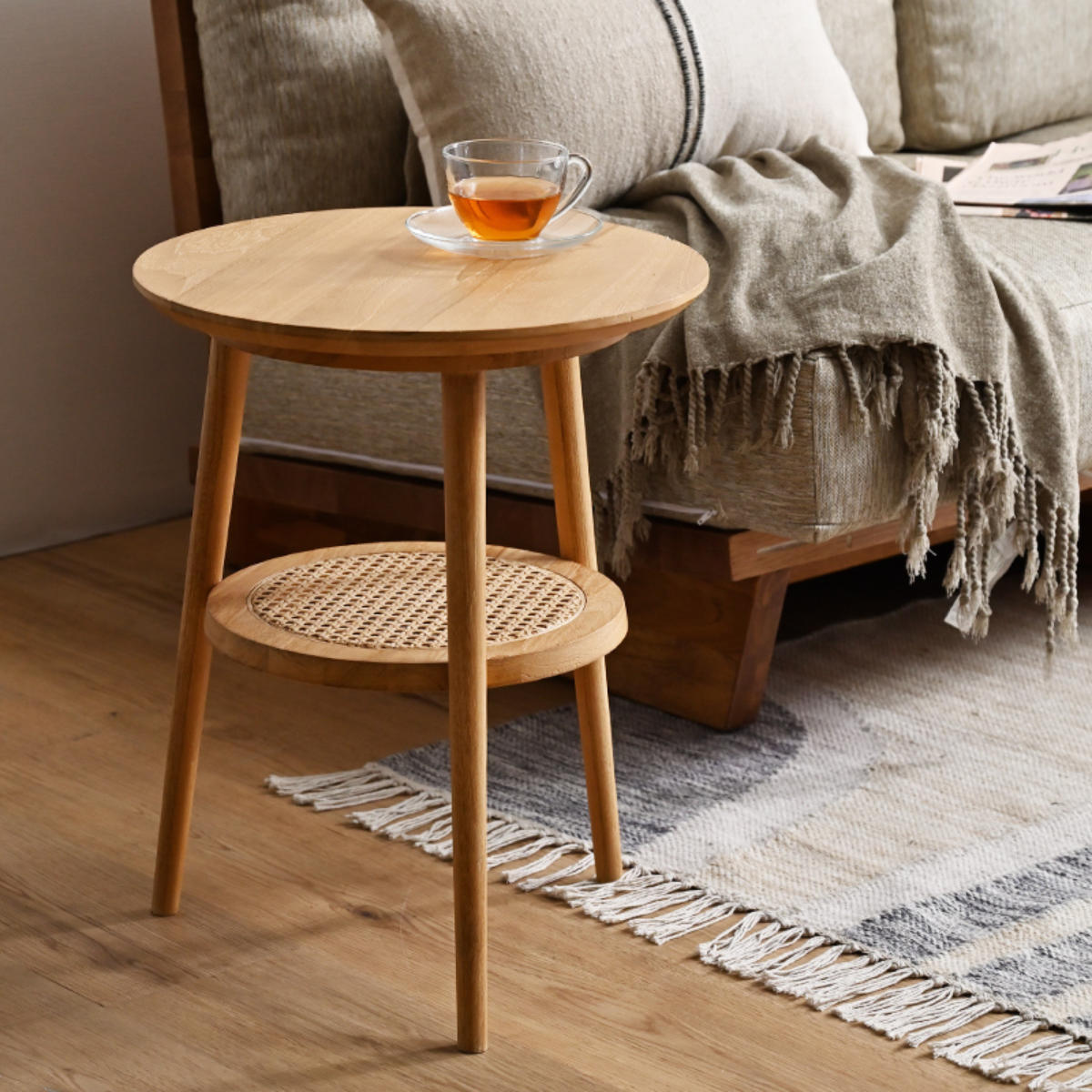 サイドテーブル ラタン 直径40cm 天然木 CALM （ ラタンテーブル