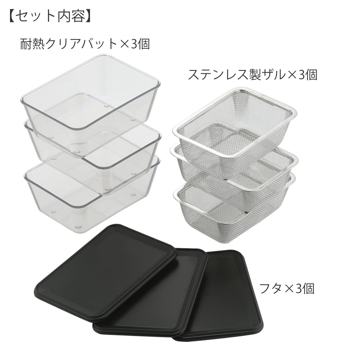 下村企販 耐熱クリアバット＆ザル 9点セット 蓋付き 日本製 （ 食洗機