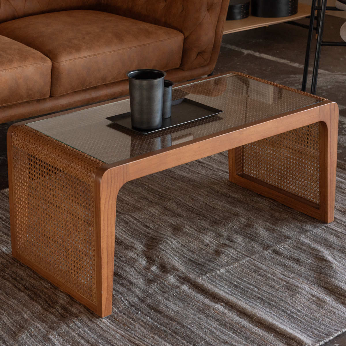 東谷 センターテーブル 幅90cm ガラステーブル ラタン （ 机 リビング