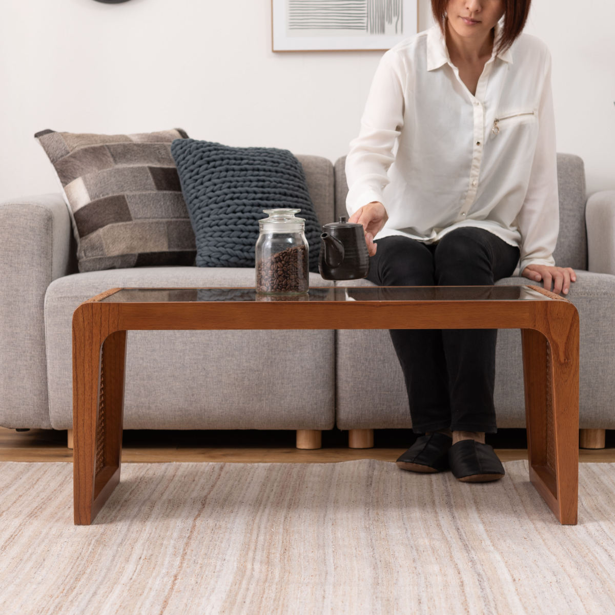 東谷 センターテーブル 幅90cm ガラステーブル ラタン （ 机 リビング