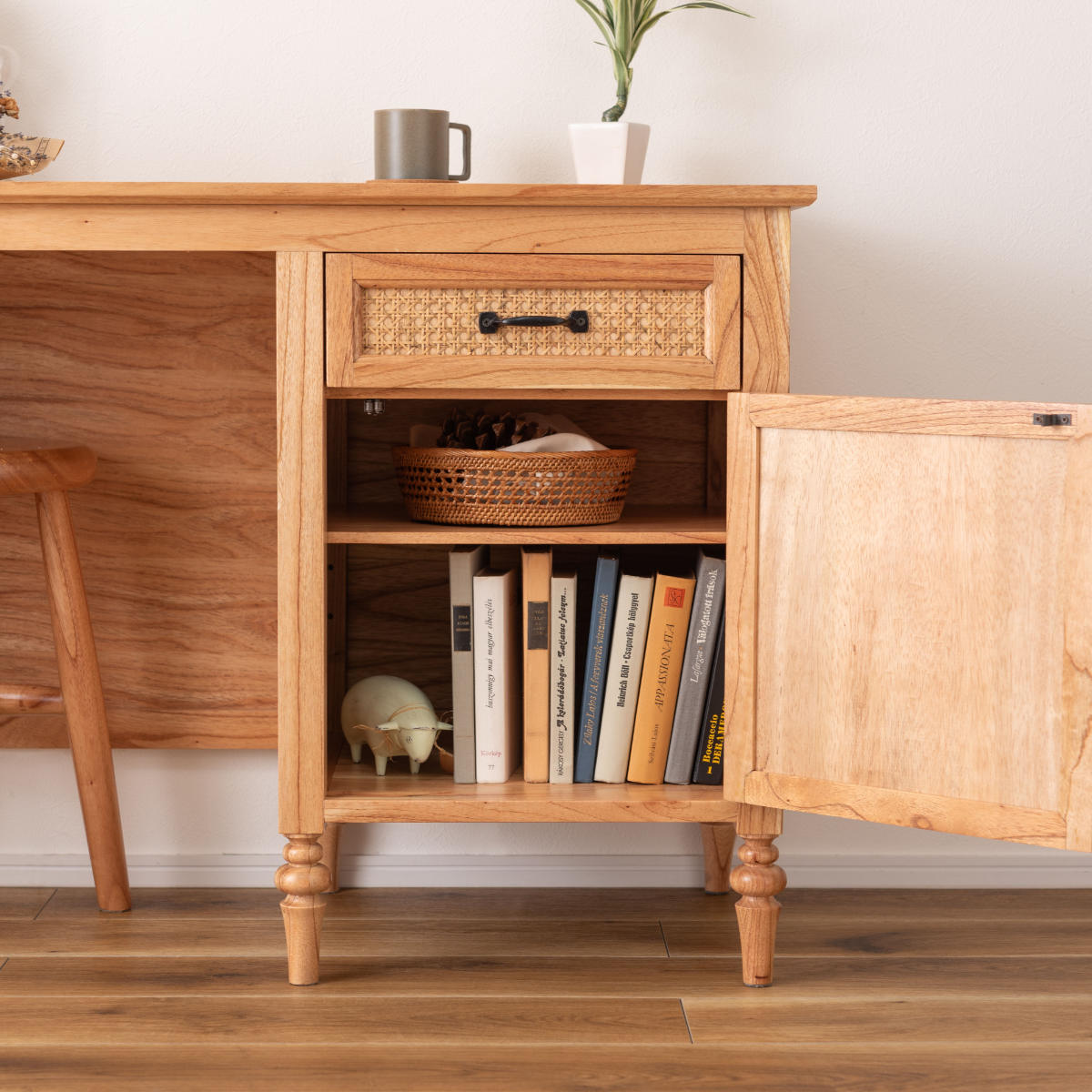 東谷 デスク シンプル 幅112cm 引出し付 ラタン （ 机 パソコンデスク