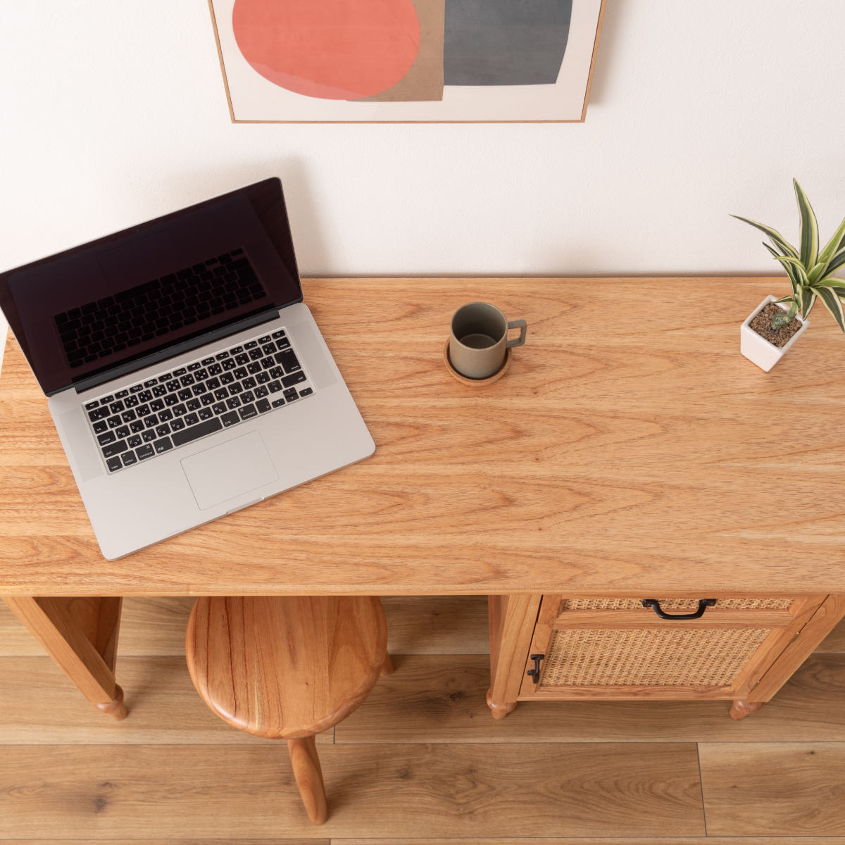 東谷 デスク シンプル 幅112cm 引出し付 ラタン （ 机 パソコンデスク