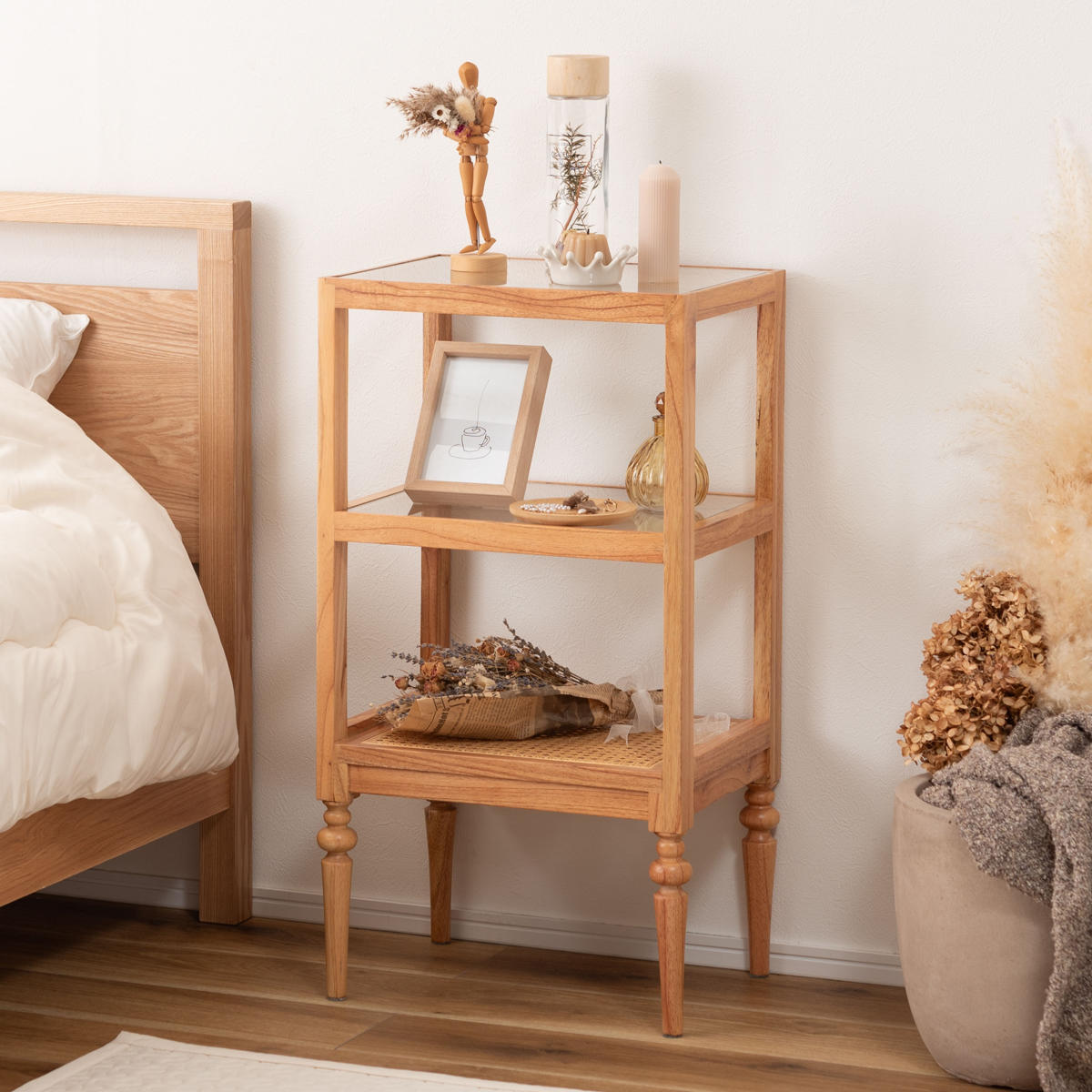 東谷 オープンシェルフ 幅40cm 2段 天然木 ろくろ脚 ラタン 完成品