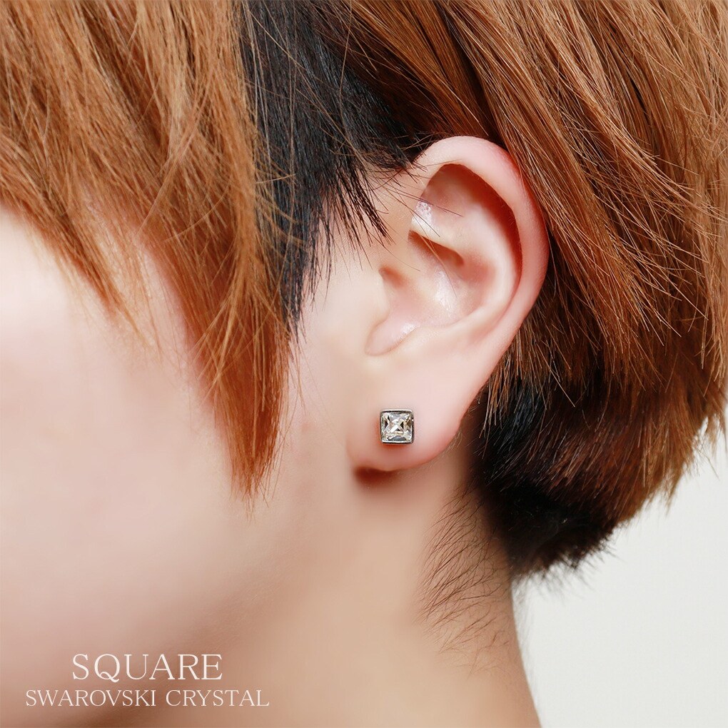 スクエア スワロフスキー クリスタル スタッズ ピアス 1P 片耳用