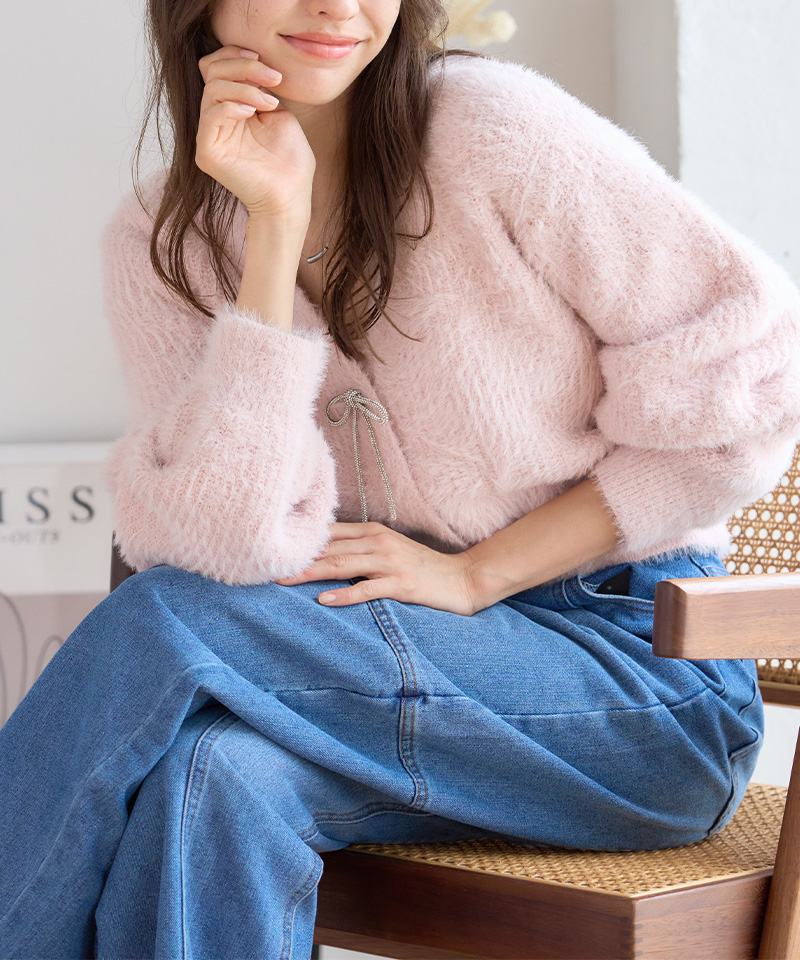 洗えるニット ビジューリボン付き フェザーニット カーディガン