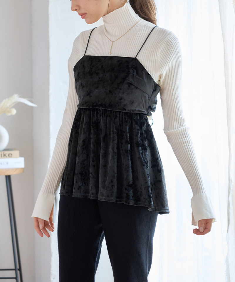 バックオープン クラッシュベロア ペプラム キャミソール 秋冬 ベロア