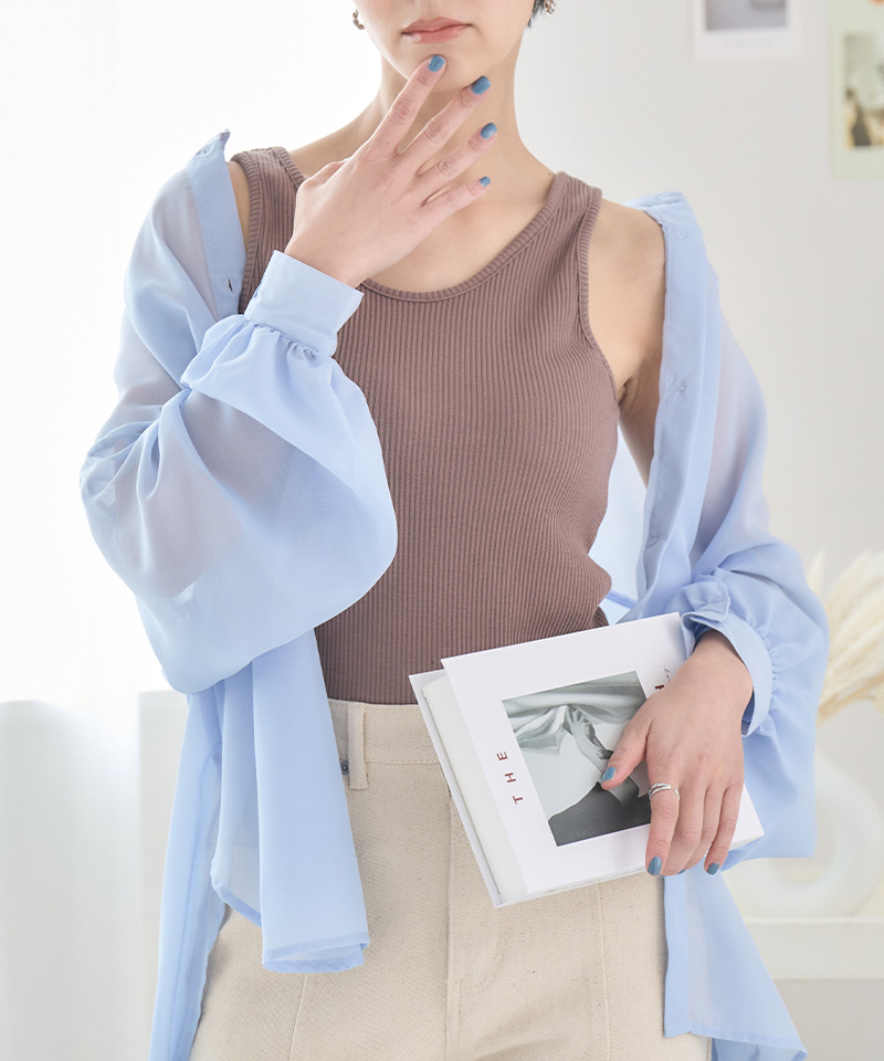 シアーシャツ 長袖 シアートップス 白 スタンドカラー バンドカラー