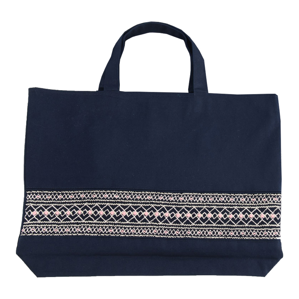 レッスン 手刺繍 スモッキング レッスンバッグ マチつき 紺色 布製