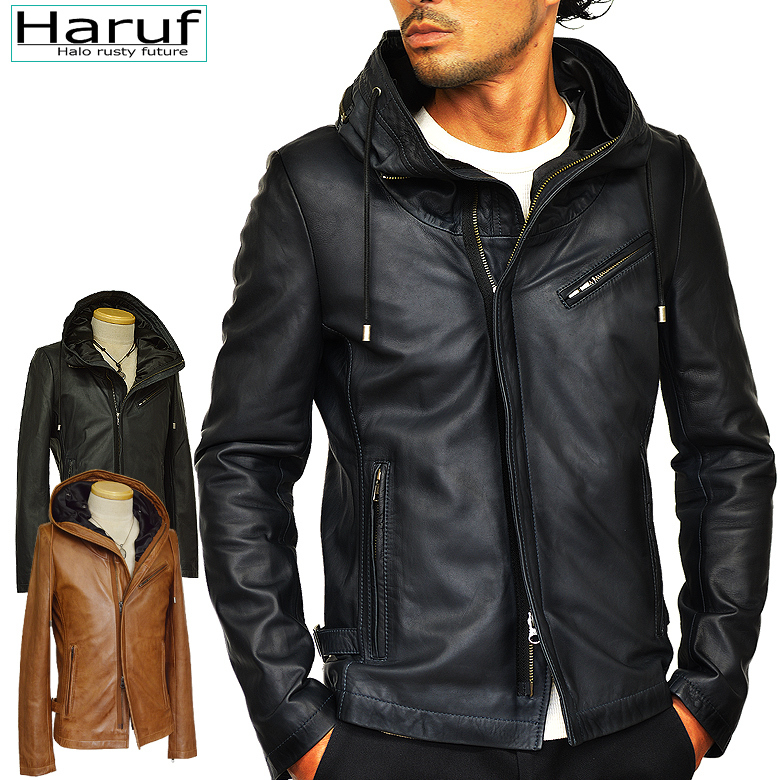 Haruf（ハルフ） レザージャケット メンズ 本革 フード付き 革ジャン