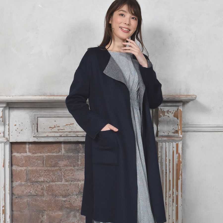 爆買 ノーカラーコートウール混 ダブル フェイス ラップ リバーシブル