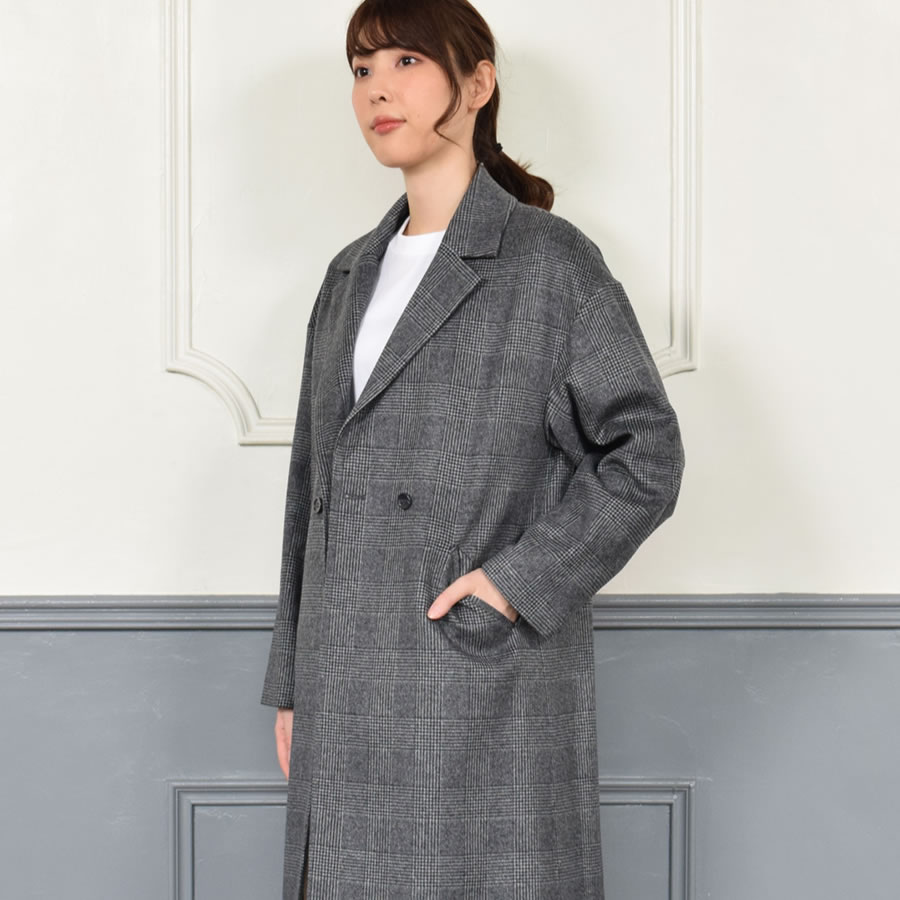 Merfirge 爆買 チェスターコート カシミヤ ウール混 グレンチェック
