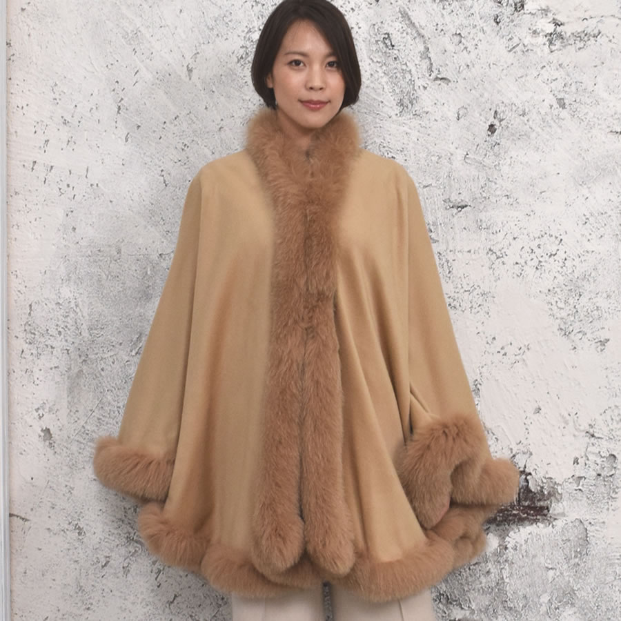 爆買 ポンチョ ケープ 日本製 カシミヤ100% 大判フォックス ファー付き