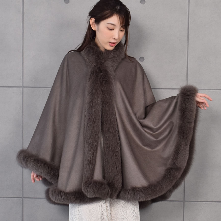 爆買 ポンチョ ケープ 日本製 カシミヤ100% 大判フォックス ファー付き