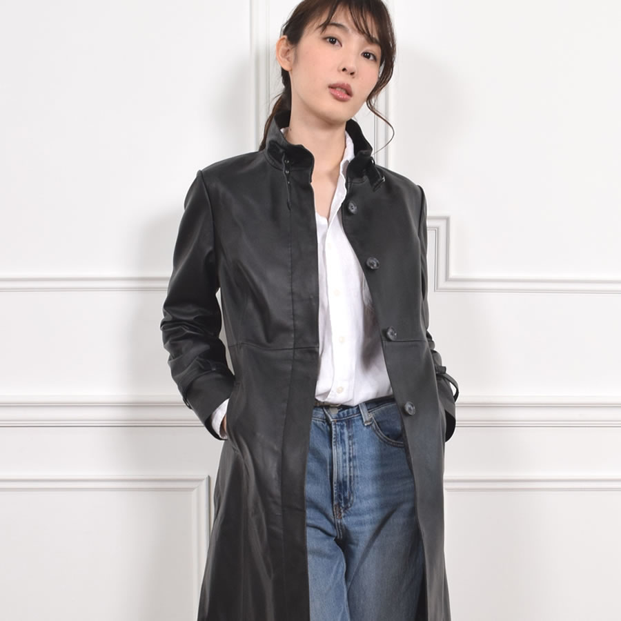 Merfirge 爆買 スタンドカラーコート 本革 ラム レザー 本皮